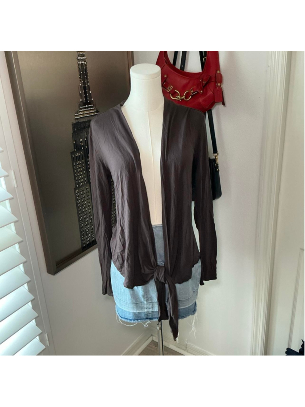 New York & Company Brown Tie Front Cardigan Top Size Small